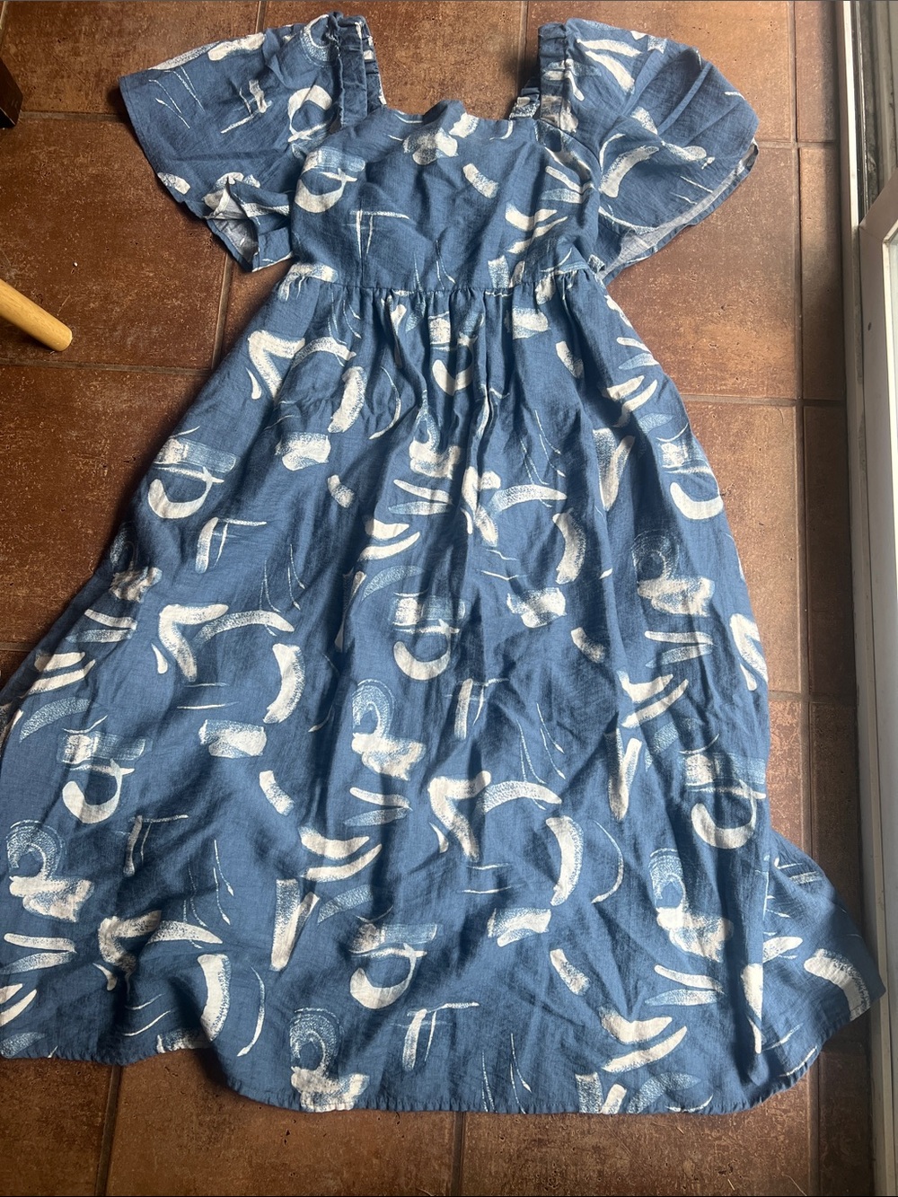 a new day Blue Dress with White Abstract Print and Puff Sleeves